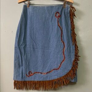 Western Denim Skirt with Fringe and Lasso Rope Detail